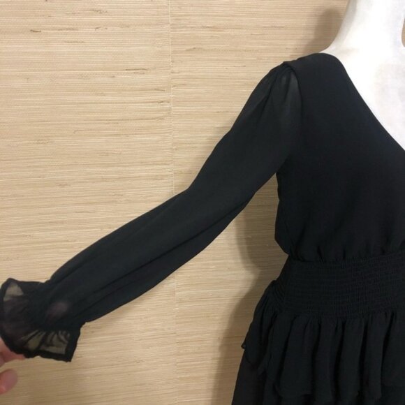 1.STATE (Revolve) RICH BLACK SMOCKED LONG SLEEVE RUFFLE MINI SWIRL DRESS XS - Picture 7 of 13